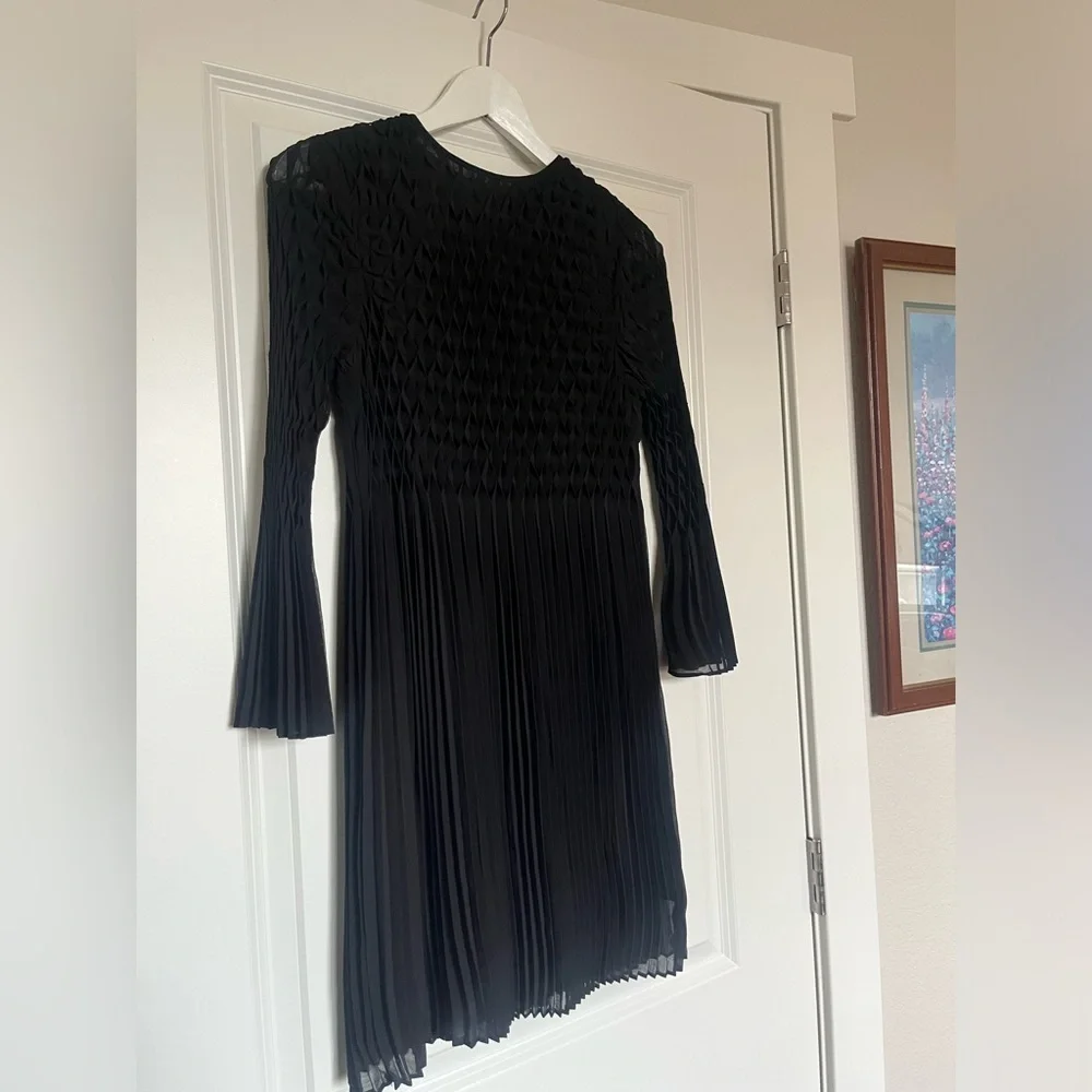 Topshop Black Diamond Pleated Black Dress with Bell Sleeves